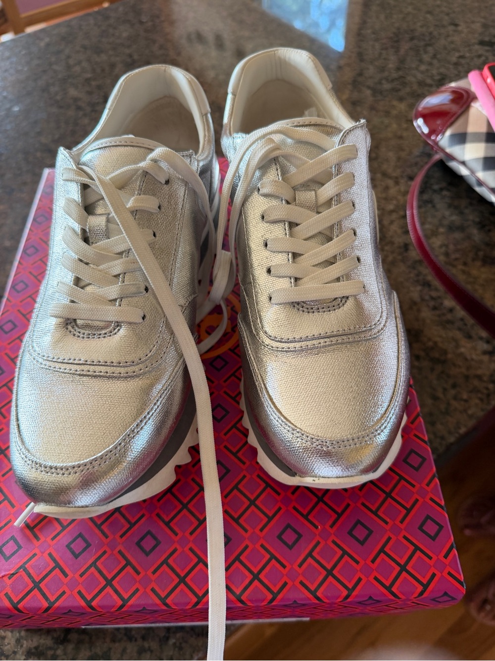 Tory Burch Silver Metallic Low-Top Sneakers